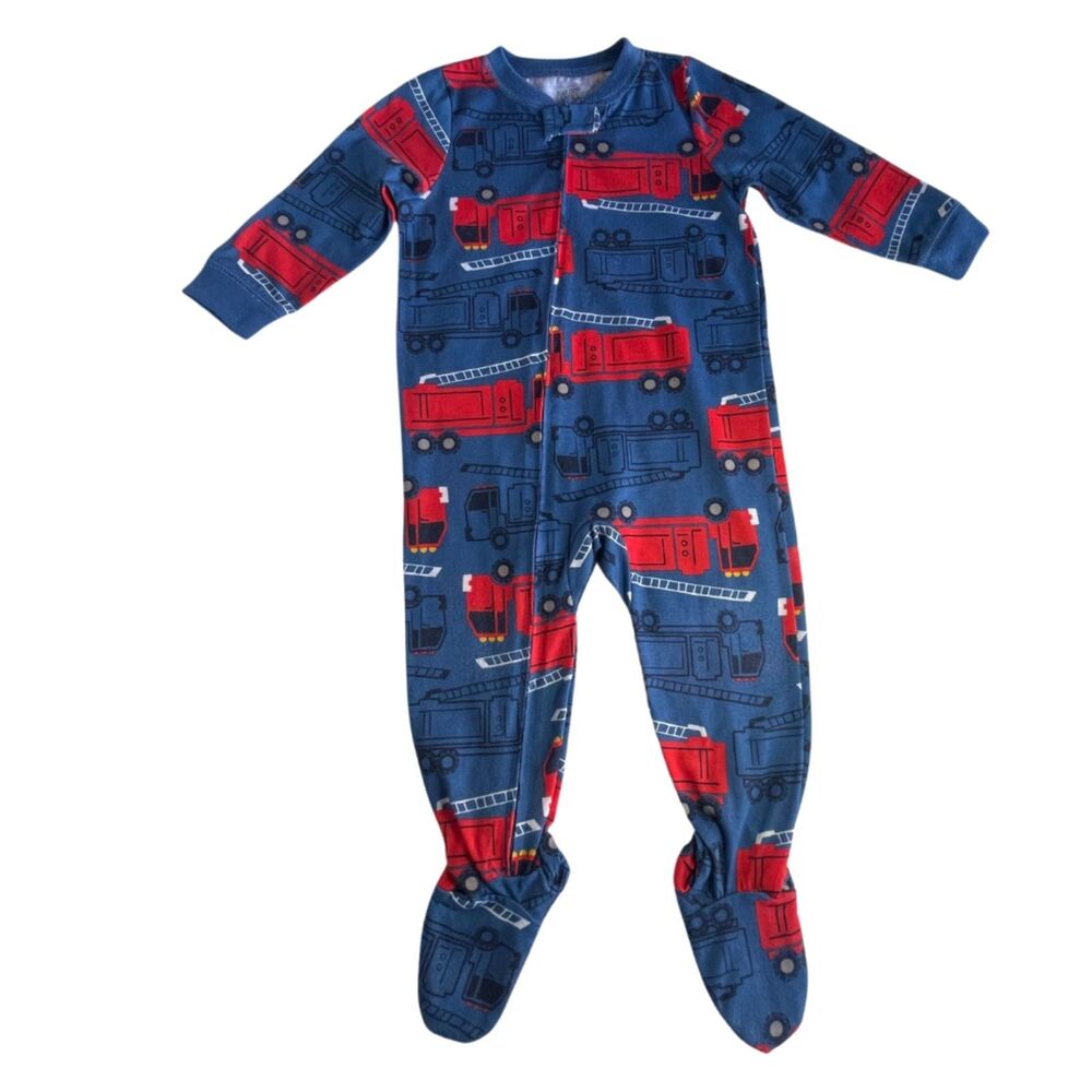 Just One You Footed Pajamas Size 18 Mths Fire Trucks All Over Print  Zip-Up Blue